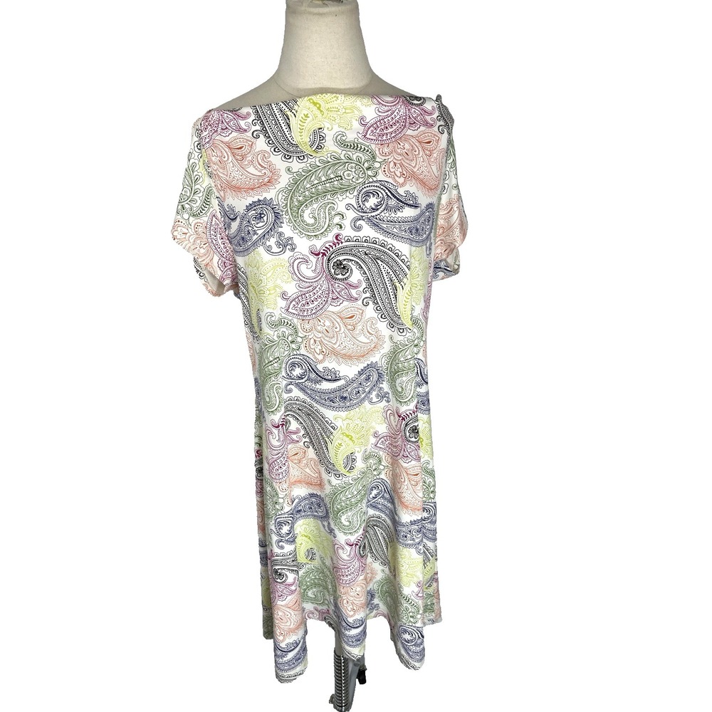 Title Nine White Paisley Shift Dress XL Short Sleeve Knee Length Boat Neck